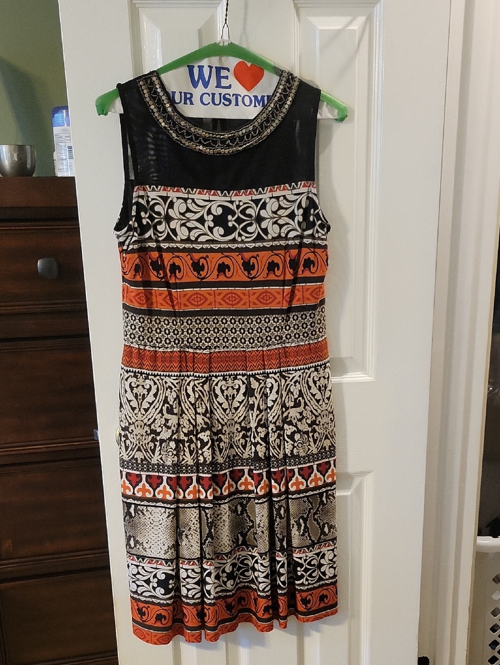 dressbarn Black and Orange Patterned Sleeveless Midi Dress